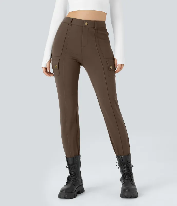 Halara Pantalón cargo ajustado tiro alto múltiple bolsillo cremallera botón - Chocolate Martini - XL(regular) made by Halara