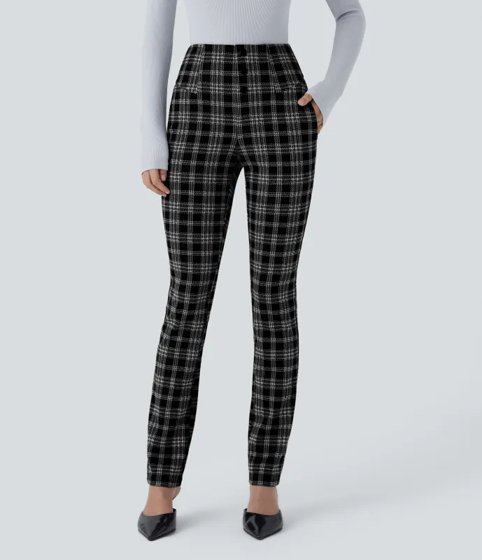 Halara Pantalón Halara Flex™ oficina ajustado pata gallo bolsillo lateral botón decorativo tiro alto - Black Tartan Plaid - XS(regular) made by Halara
