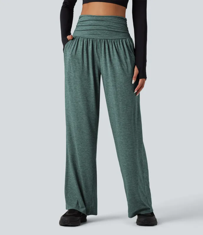 Halara Pantalones holgados de yoga de tiro alto con fruncido y bolsillos - Jade Green Floral Yarn - XL(regular) made by Halara