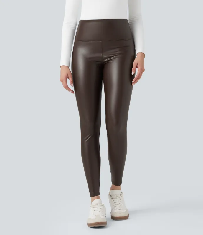 Halara Leggings casuales ajustados SoCinched de 7/8 de PU con control de abdomen, cintura alta y bolsillos - Hot Fudge - XL(full_length) made by Halara