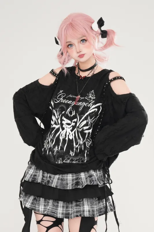 バタフライプリントストラップオフショルダートップス sold by Belchic