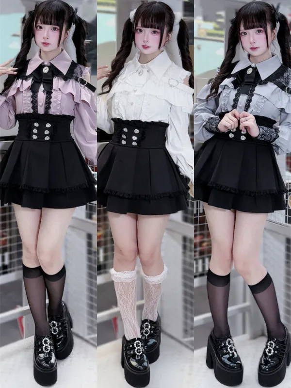 オープンショルダーハートレザーストラップフリルリボンシャツ sold by Belchic