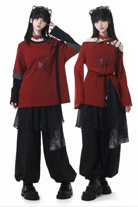 スプライスモードレッドトップス+モードパンツ+ローズベルト sold by Belchic