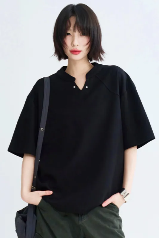 ソリッドブイネックルーズカジュアルトップス sold by Belchic