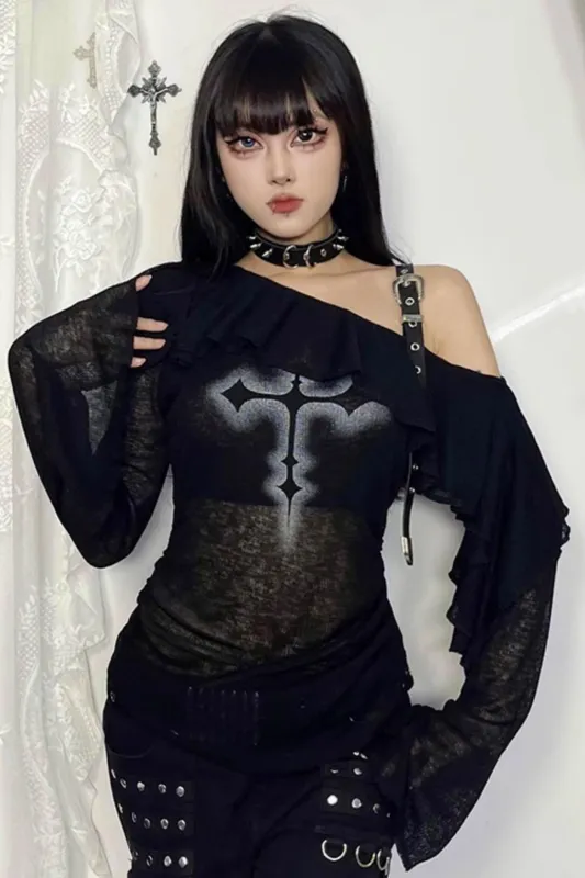 アシンメトリーワンショルダーダンスTシャツ sold by Belchic