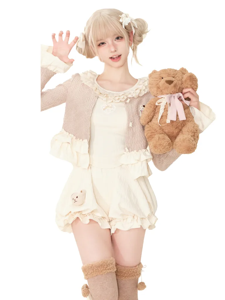 キャラメルフリルカーディガン+フリルネックキャミソール+パンプキンパンツ sold by Belchic