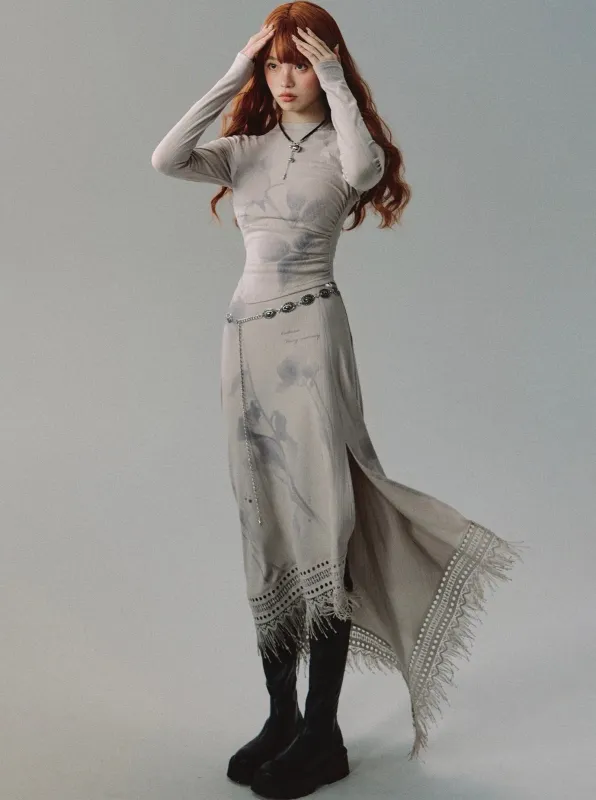 グレーフラワースリムタイトトップス＋ロングスカート sold by Belchic