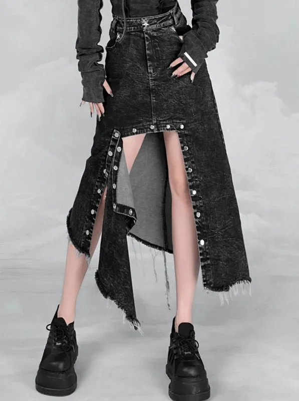 デザインデニムデタッチャブルイレギュラーハーフスカート sold by Belchic