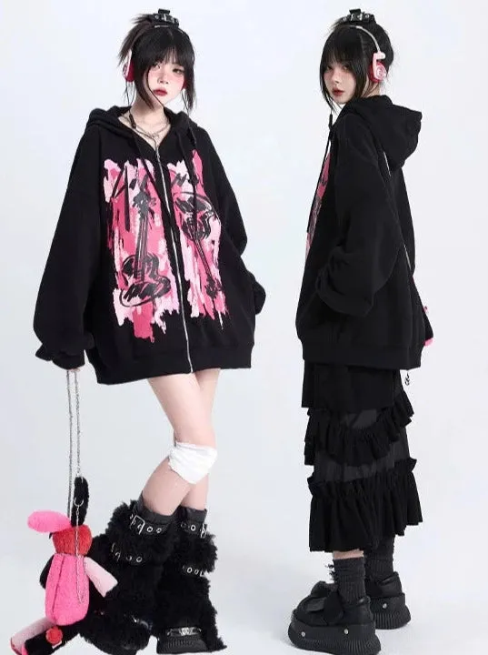 ストリートコントラストカラープリントルーズジップフーディースウェットトップ sold by Belchic product image thumbnail 2