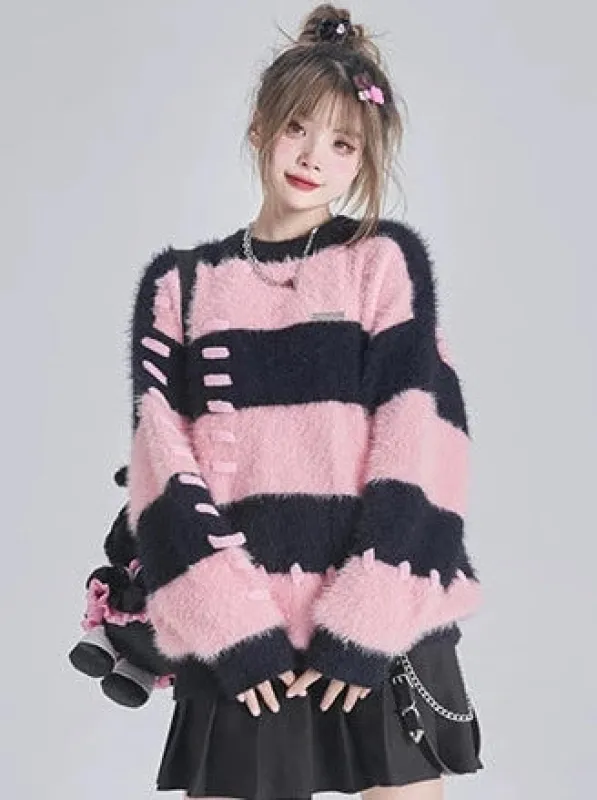 レイジールーズストライプカラーブロックプルオーバーウールセーター sold by Belchic