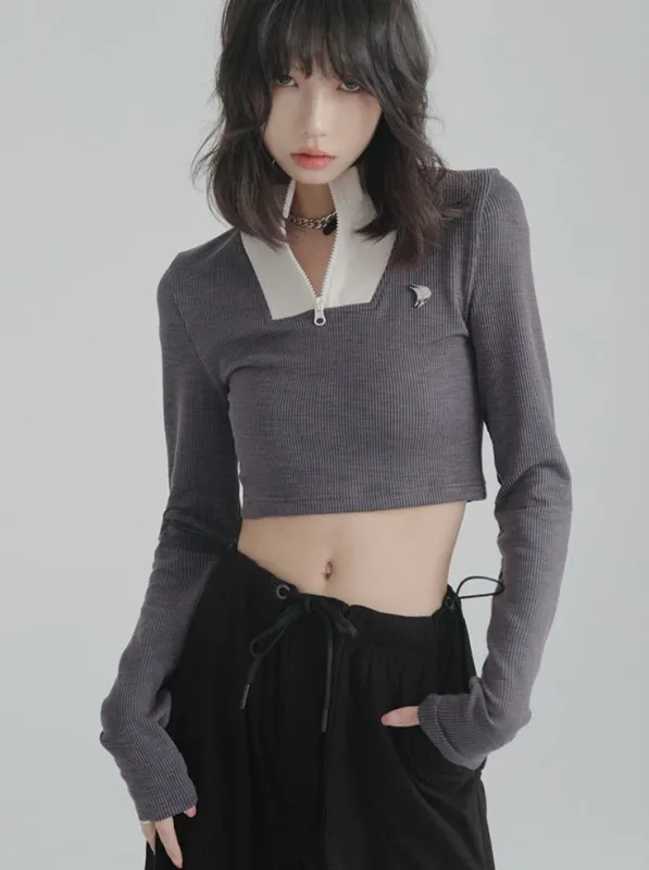 ハーフジップスタンドカラーセーターニューデザインショートトップ sold by Belchic