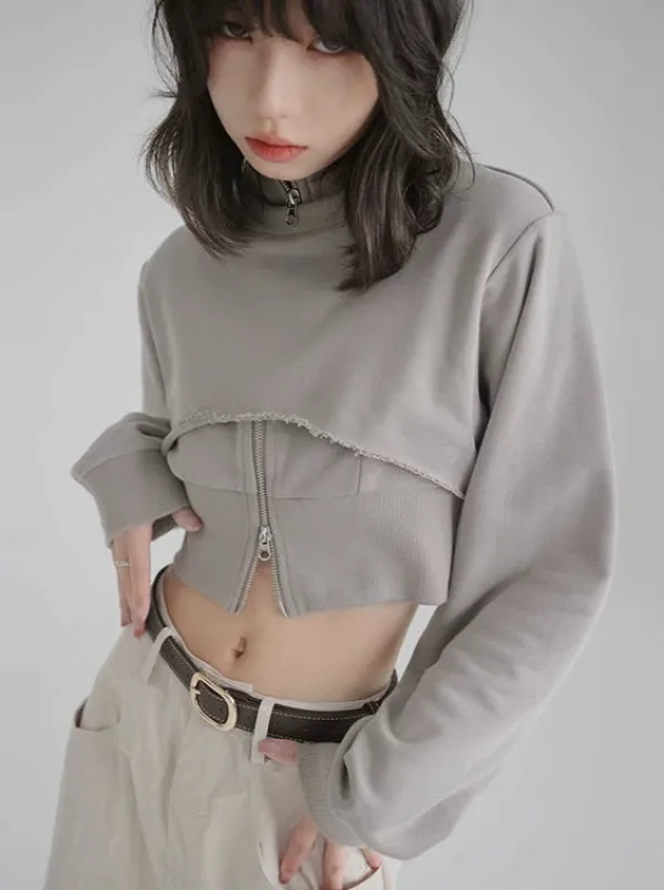 フェイクツーピースショートスタンドカラースウェットシャツ sold by Belchic