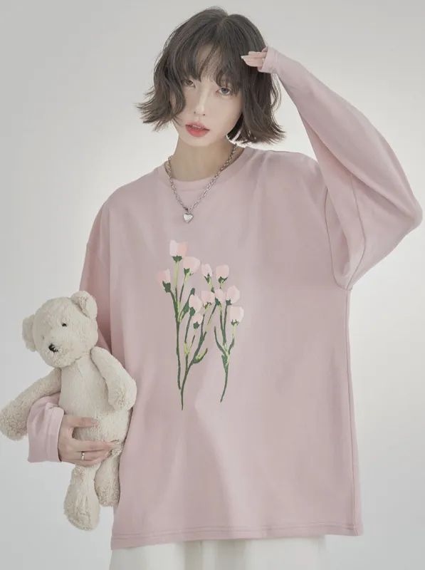 フラワープリントルーズカジュアルロン T sold by Belchic