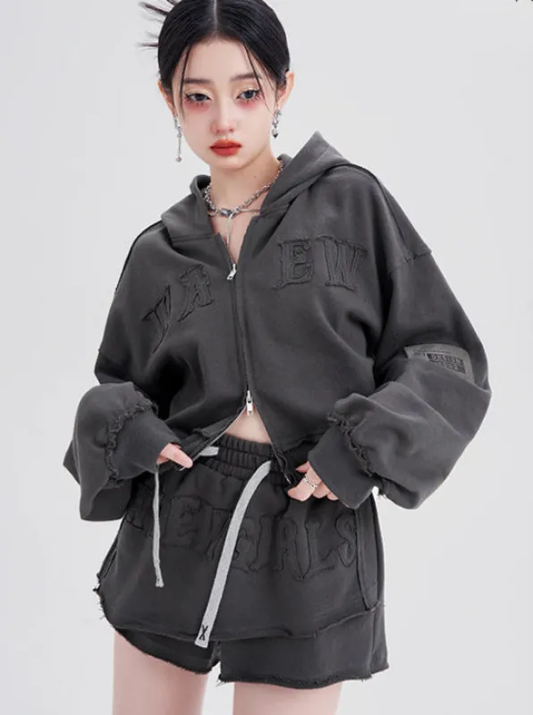 ストリートダブルジップグレーフーディージャケットパンツロングスカートスーツ sold by Belchic