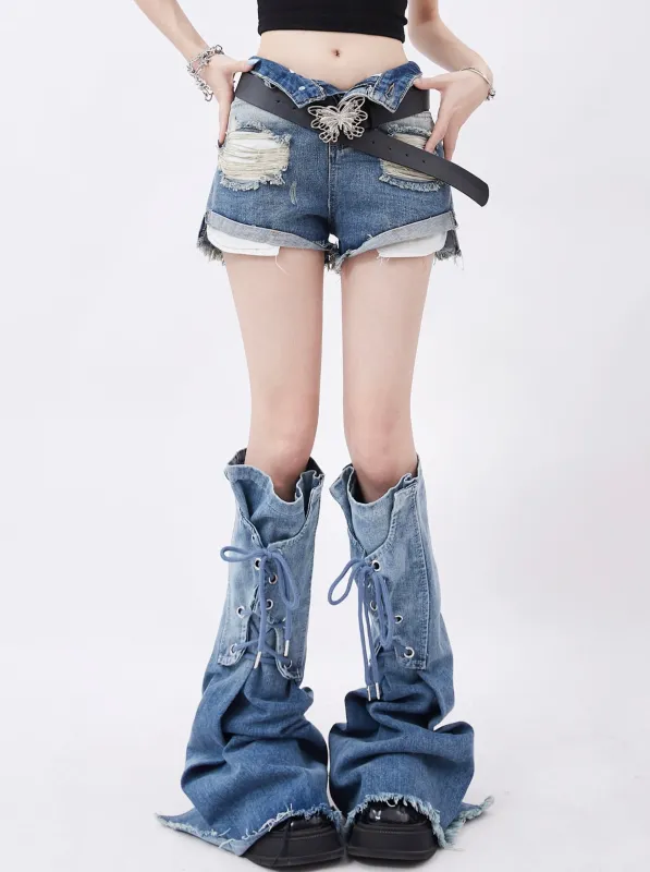 レトロリッピングデザインフランジデニムショートパンツ sold by Belchic