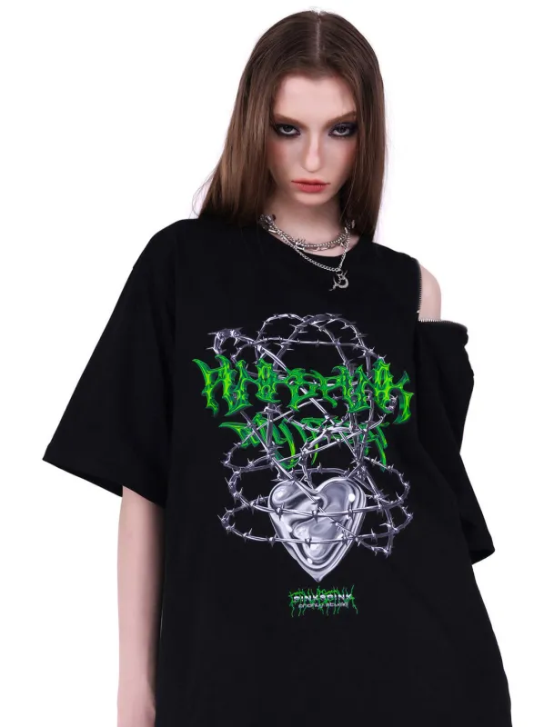 ラブソーンレタープリントジップスプリットオフショルアシメTシャツ sold by Belchic