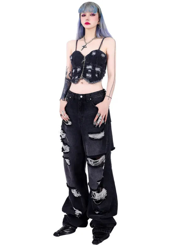 スモーキーブラックダメージパンクデニムパンツ sold by Belchic