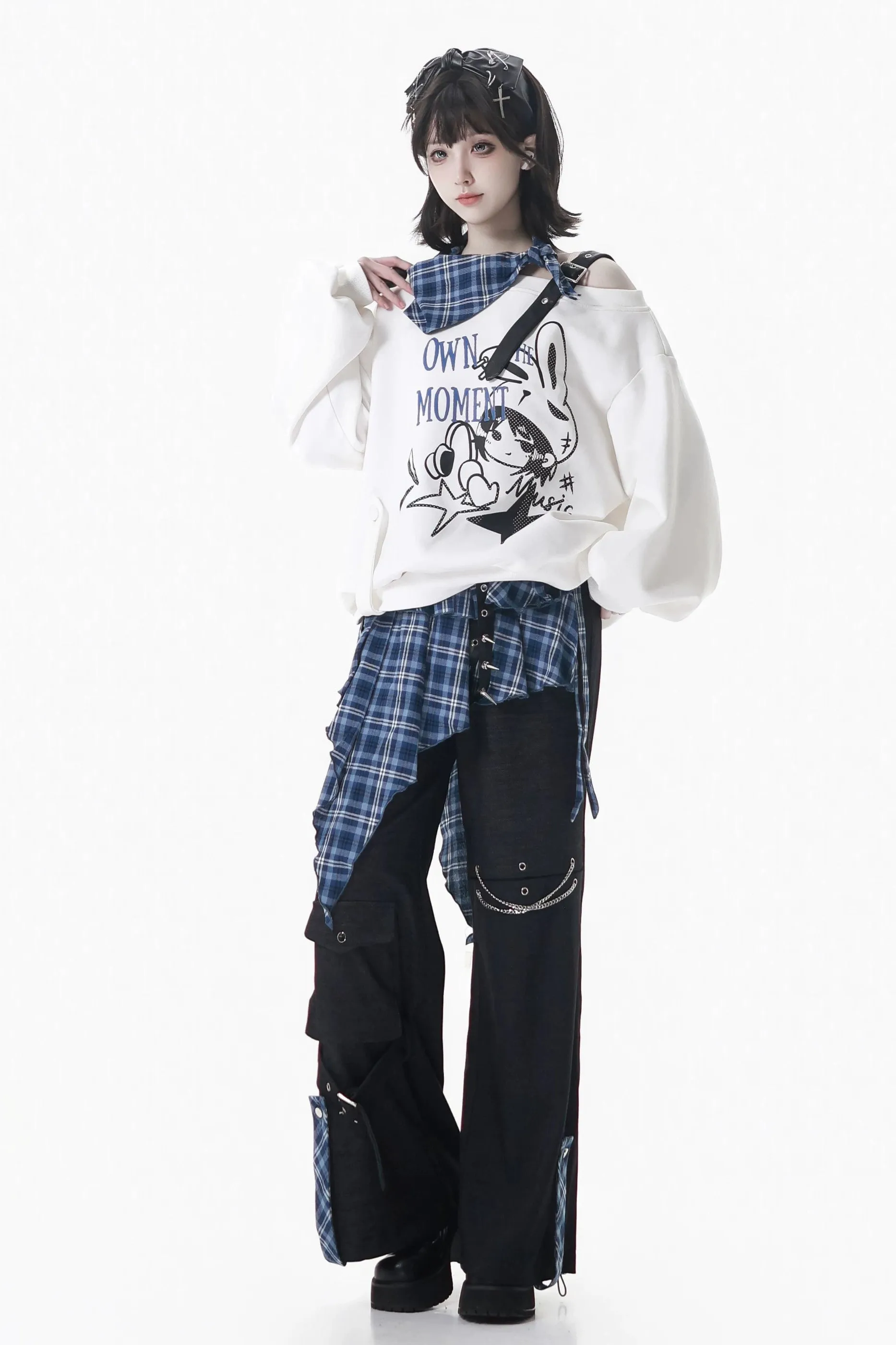 オフショルダースウェットトップス+アシメスカート+ロングパンツ sold by Belchic product image thumbnail 2