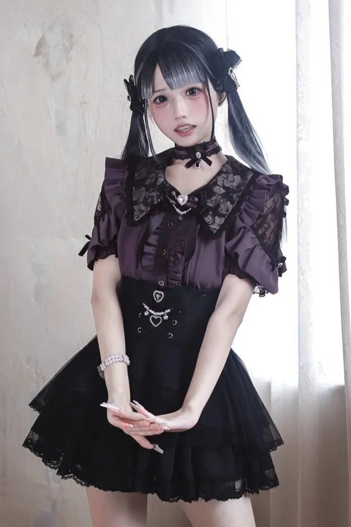【数量限定】ブラックパープルアンドホワイトレースカラー地雷シャツ+ジュエルリボン+チョーカー sold by Belchic product image thumbnail 3