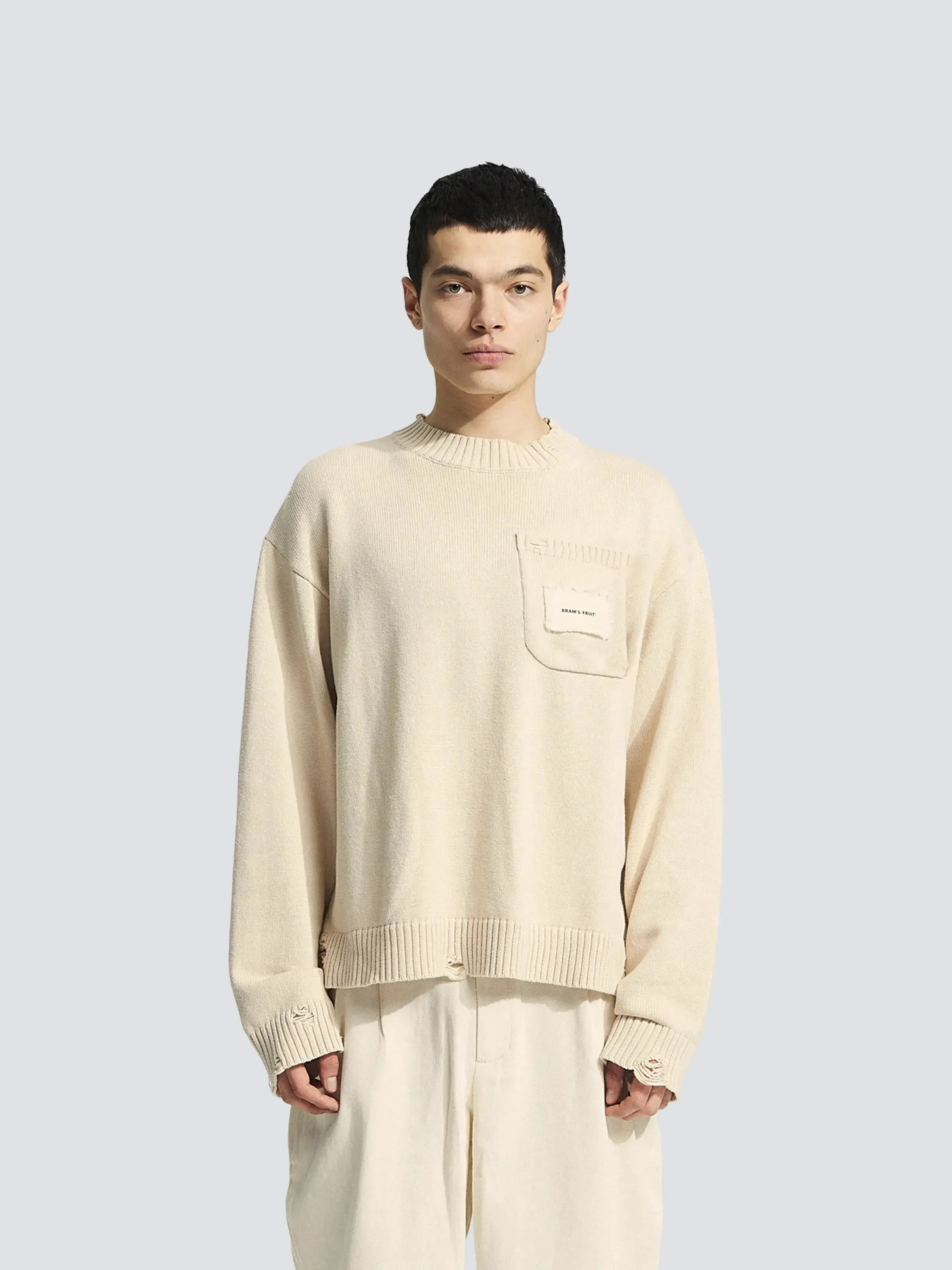 Distressed Chest Pocket Knit - Beige sold by Bram's Fruit