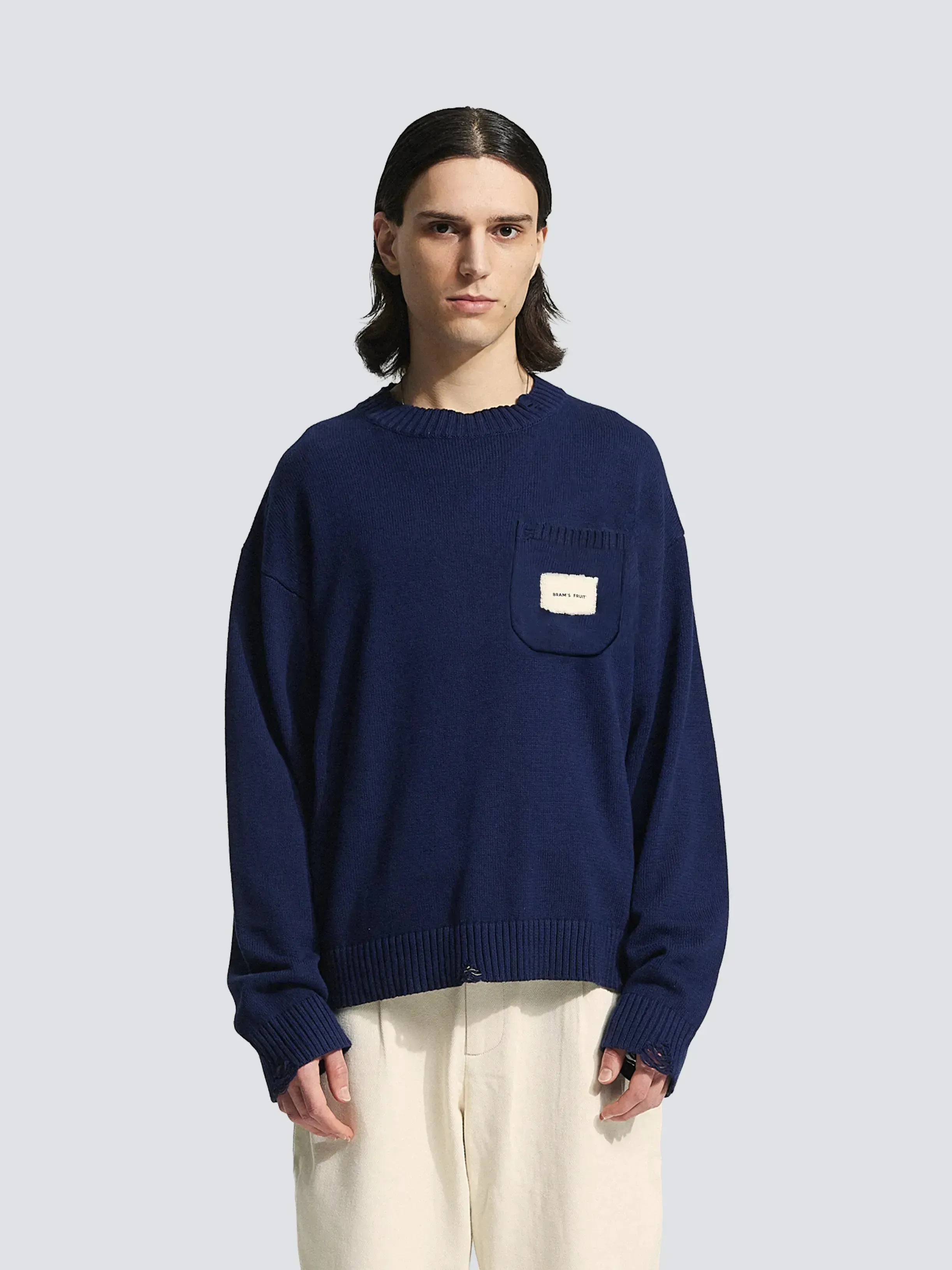 Distressed Chest Pocket Knit - Navy sold by Bram's Fruit