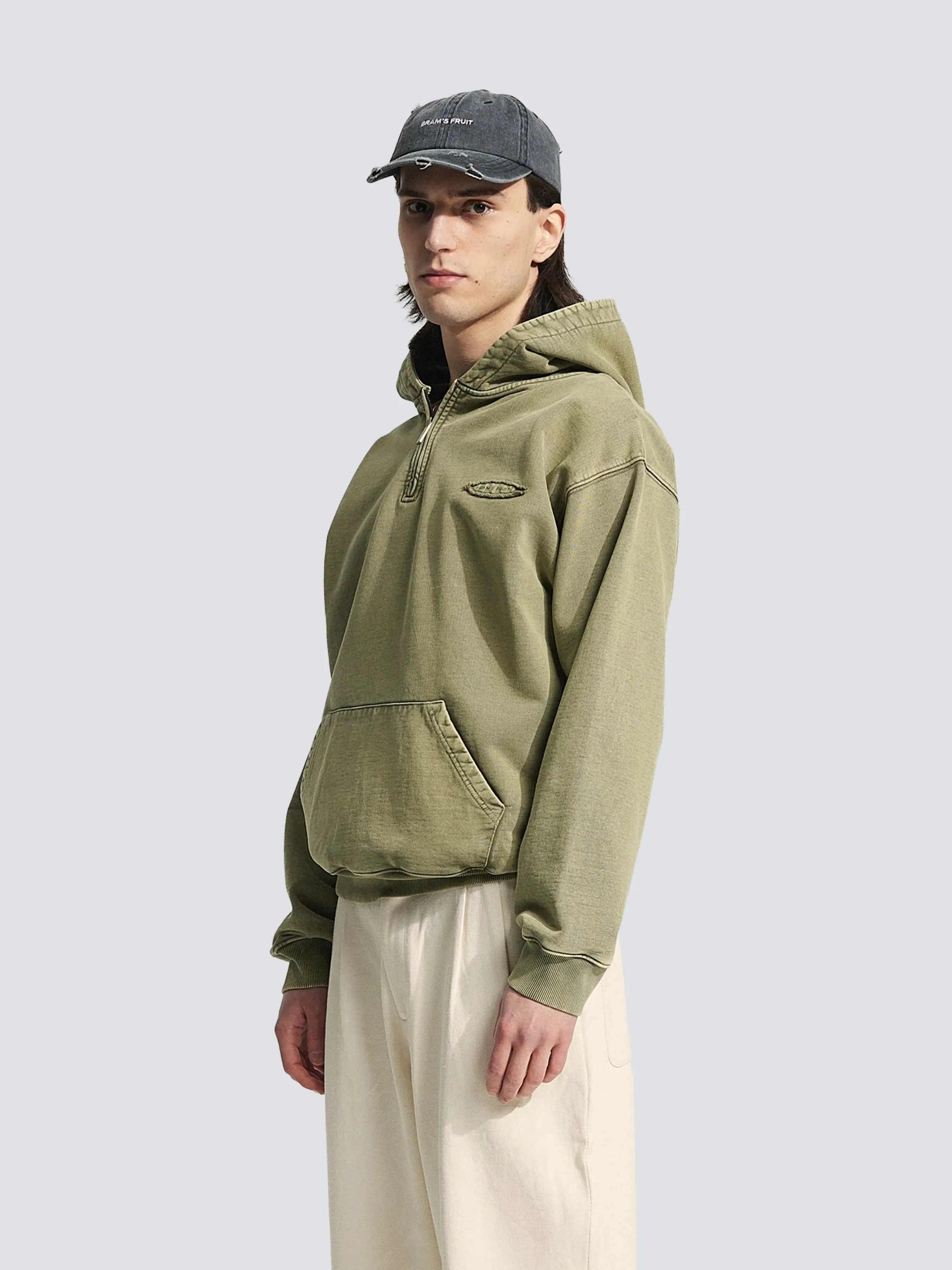 Cut & Sew Quarter Zip Hoodie - Washed Olive Green sold by Bram's Fruit