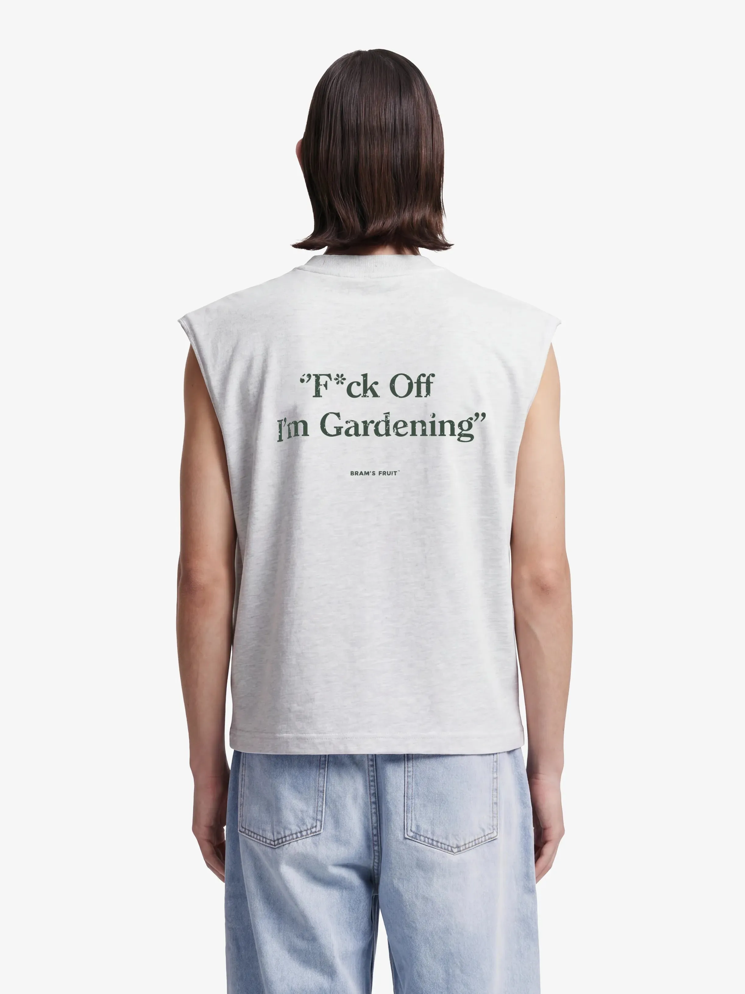 Distressed “F*ck Off I'm Gardening” Sleeveless T-shirt - Grey Melange sold by Bram's Fruit