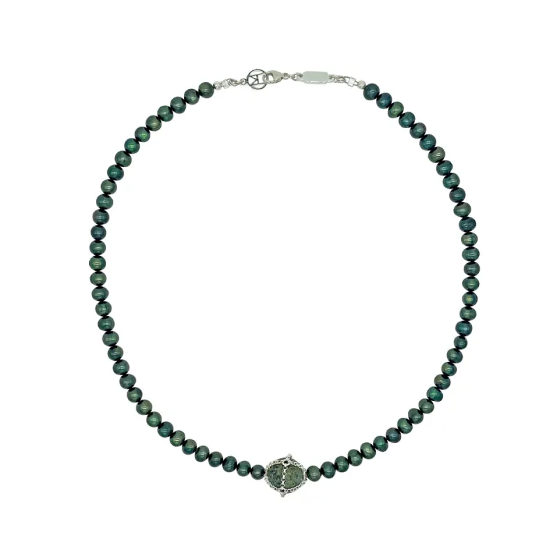 Black Pearl + Caged African Turquoise Necklace sold by MHART