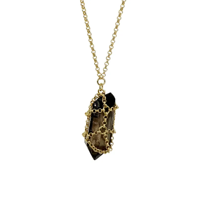 Caged Smoky Quartz Gemstone 14k Gold Brass Pendant sold by MHART