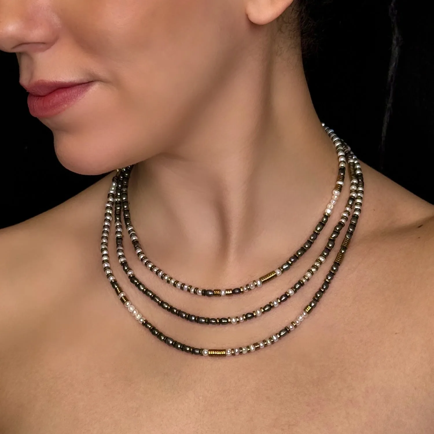 Lustre Link: Pearl & Gold Brass Statement Necklace sold by MHART