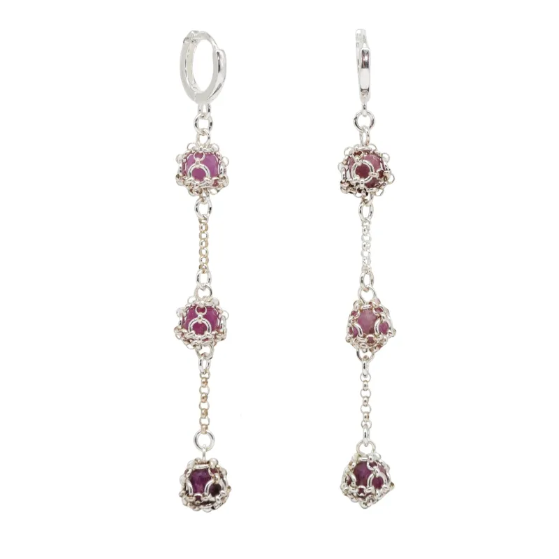 Ruby Triple Drop Chain Earrings in Sterling Silver sold by MHART