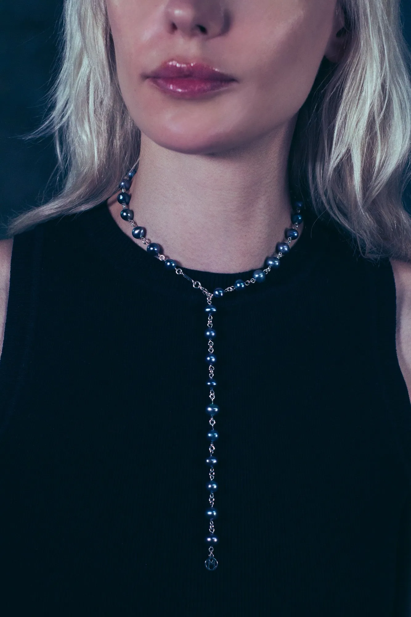 Silver Linked Black Pearl Necklace sold by MHART product image thumbnail 4