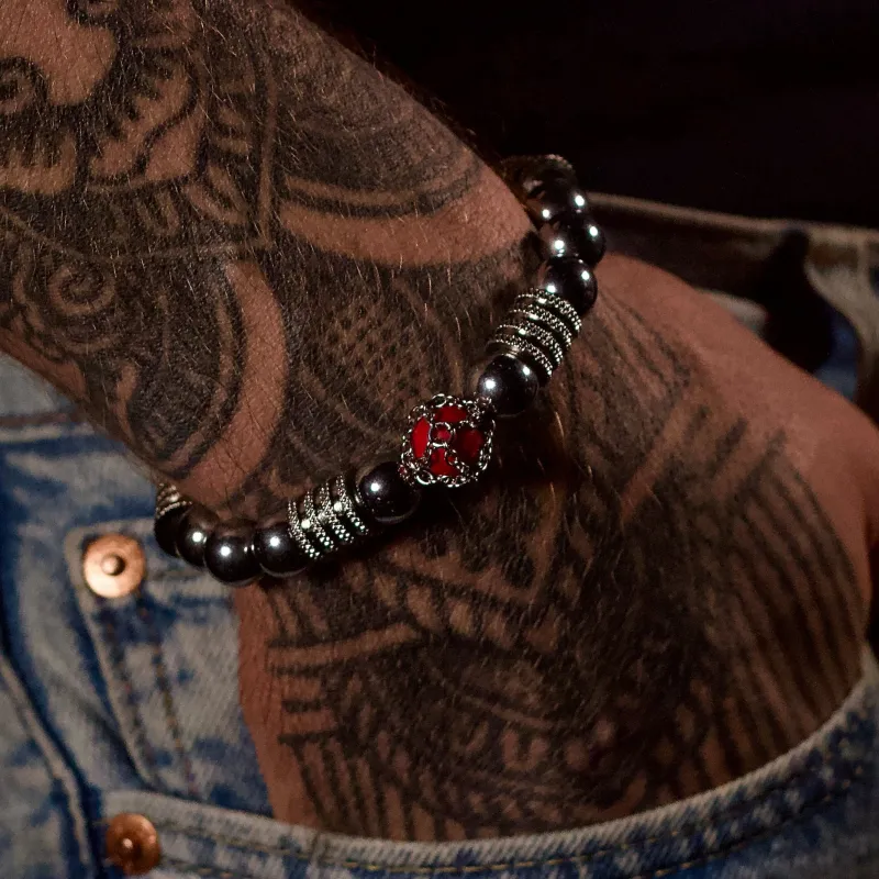 Coral Hematite Gemstone Stretch Bracelet sold by MHART