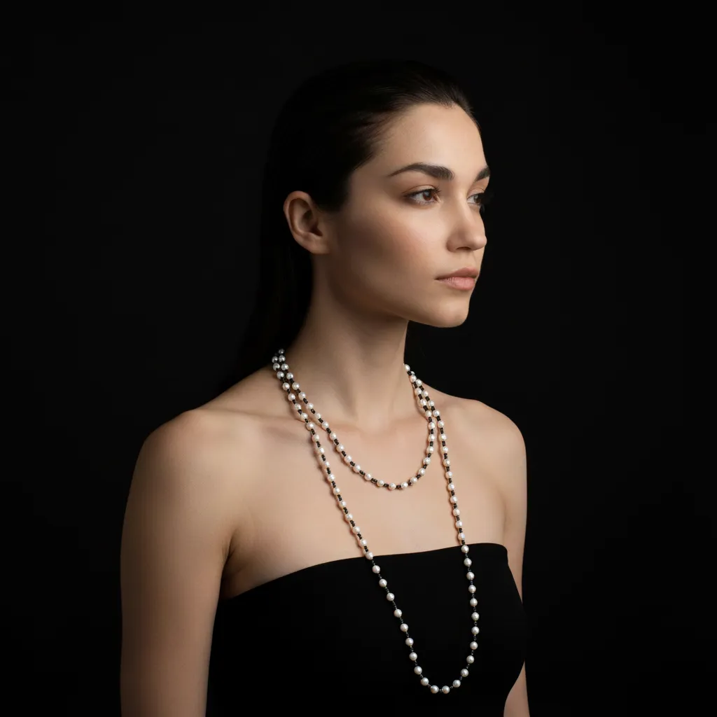 White Pearl and Black Spinel Beaded Necklace sold by MHART product image thumbnail 2