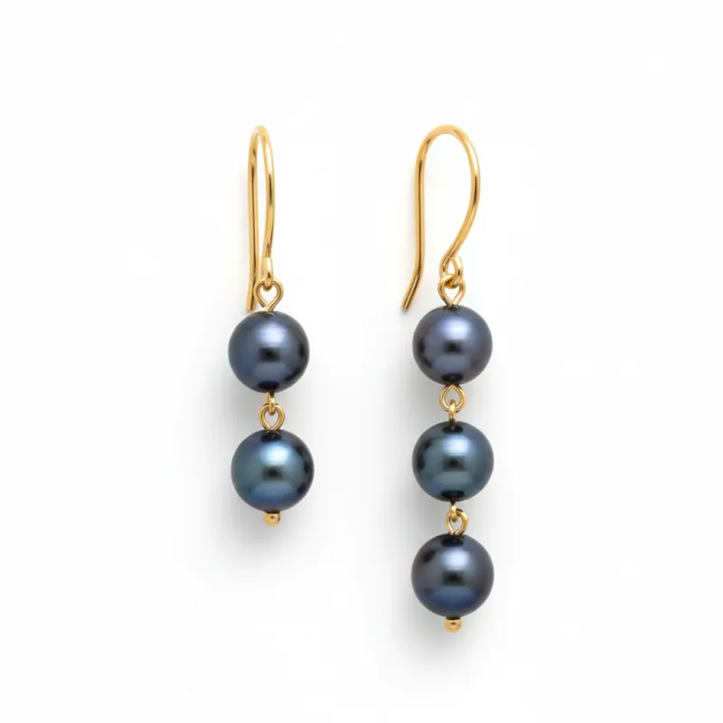 Gold Stainless Steel Asymmetrical Black Pearl Drop Earrings made by MHART