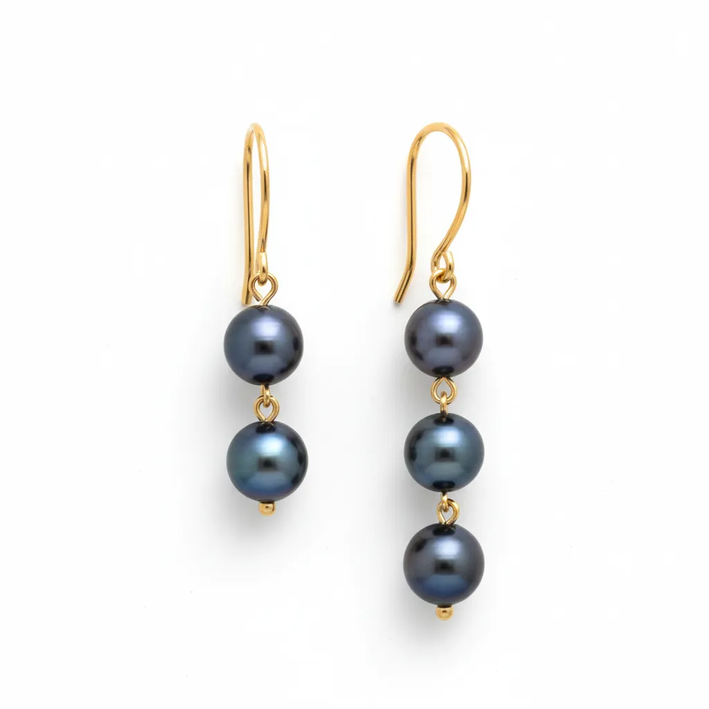 Gold Stainless Steel Asymmetrical Black Pearl Drop Earrings sold by MHART