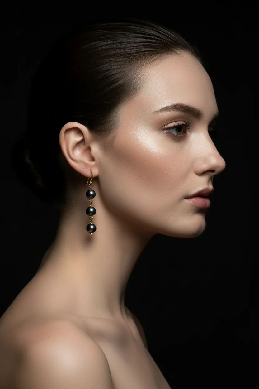 Gold Stainless Steel Triple Black Pearl Drop Earrings sold by MHART product image thumbnail 2