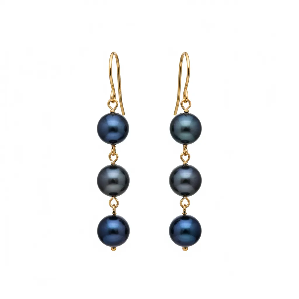 Gold Stainless Steel Triple Black Pearl Drop Earrings sold by MHART