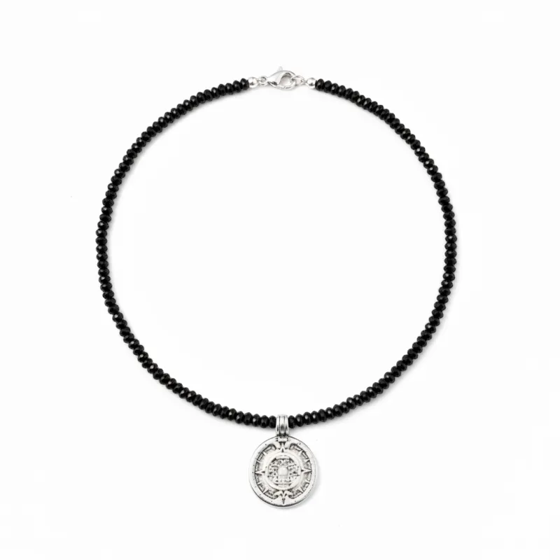 Black Spinel Aztec Coin Necklace made by MHART