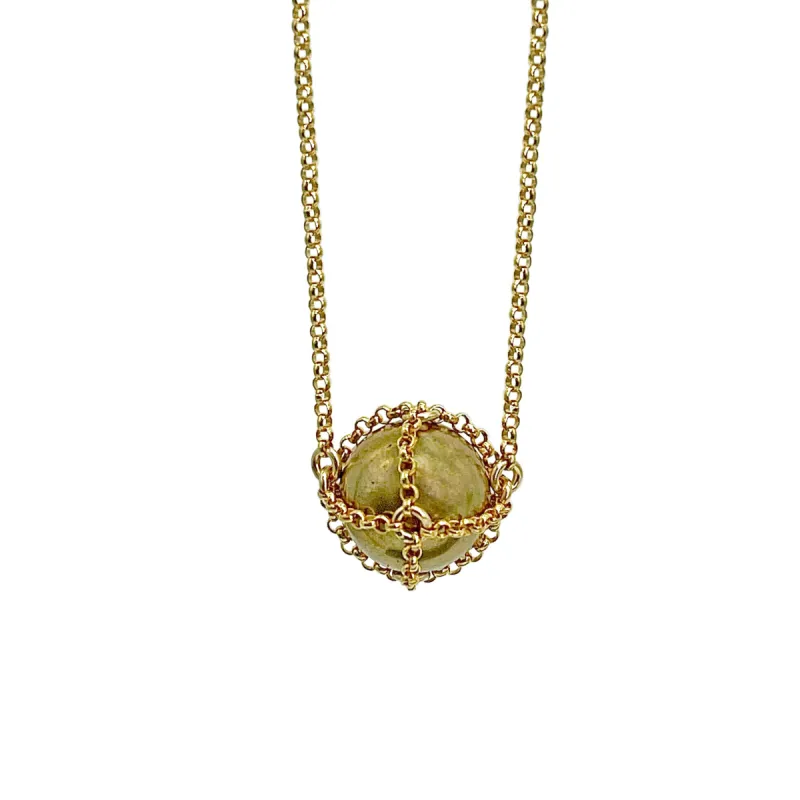 Caged Gold Brass Sphere Necklace sold by MHART