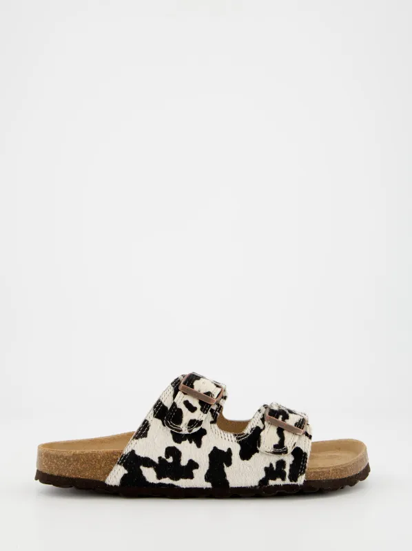 Flat leather sandals with animal print fur - Mindi sold by Ulanka