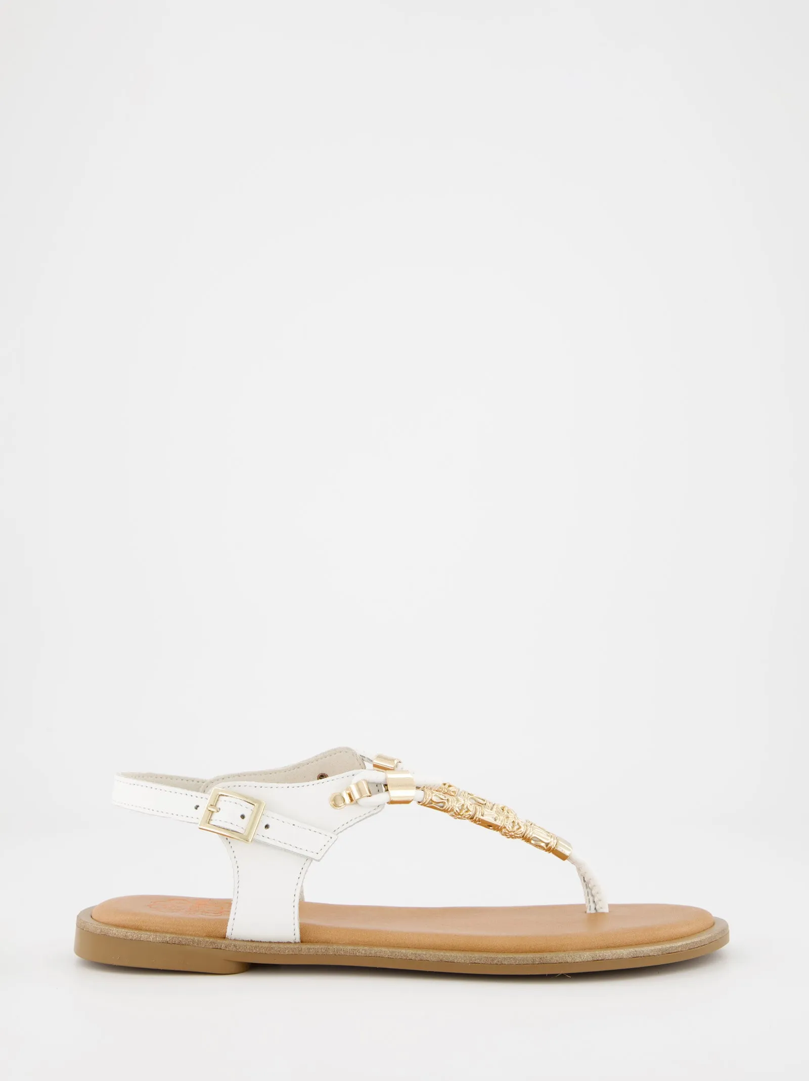 Porronet flat leather slave sandal with beads sold by Ulanka