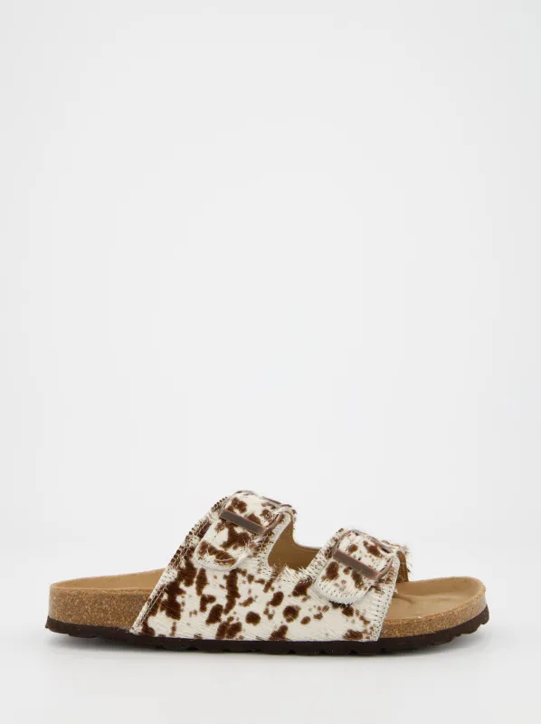 Flat fur sandals with animal print made by Ulanka