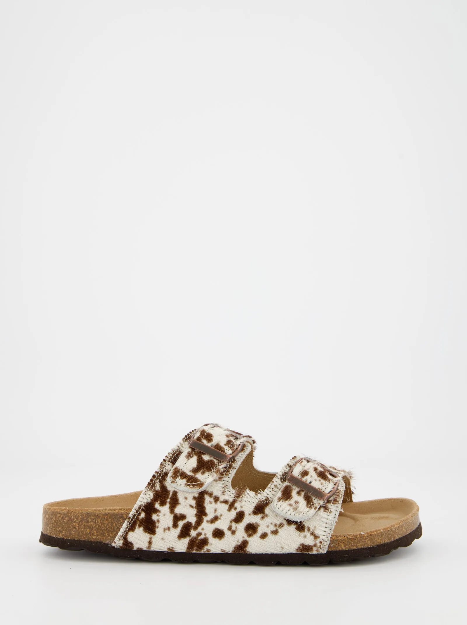 Flat fur sandals with animal print sold by Ulanka