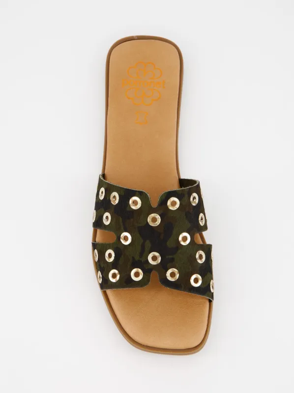 Porronet flat leather and fur sandals with studs sold by Ulanka