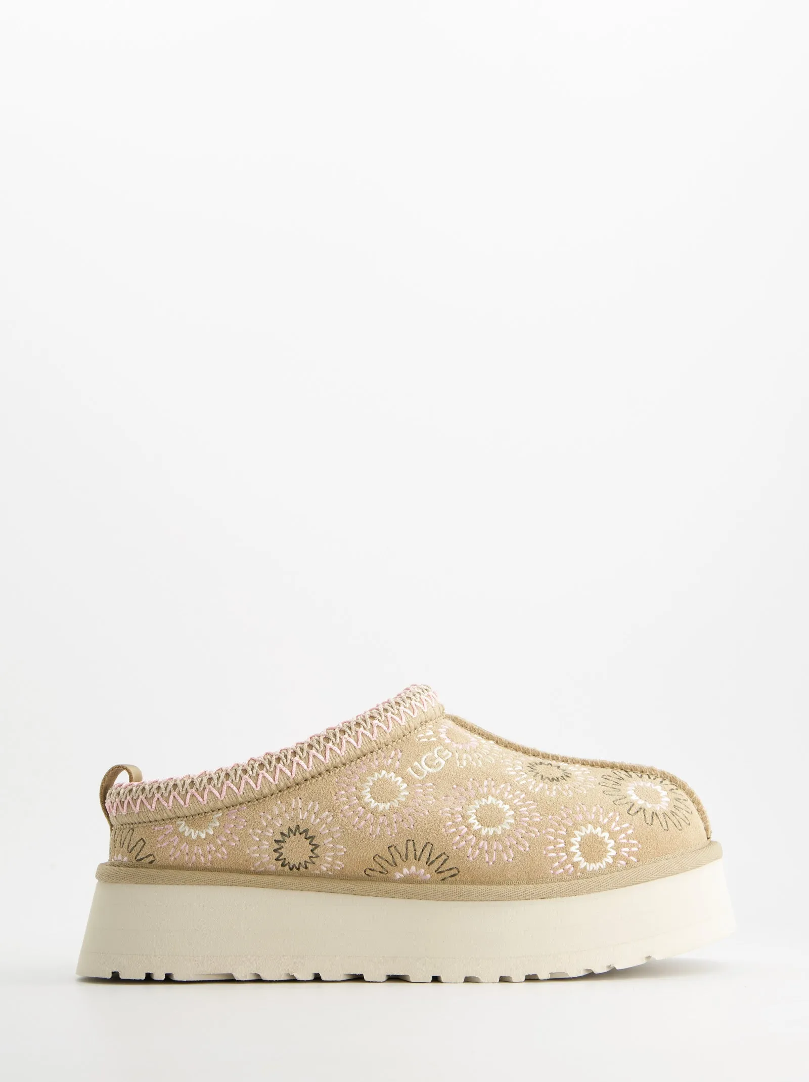 Embroidered suede clogs with interior lining - UGG Tazz Sun Stitch sold by Ulanka