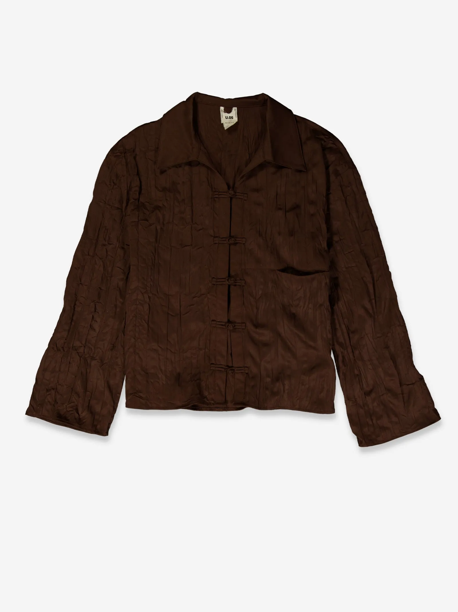 Crinkled finish shirt with Davis knot buttons sold by Ulanka