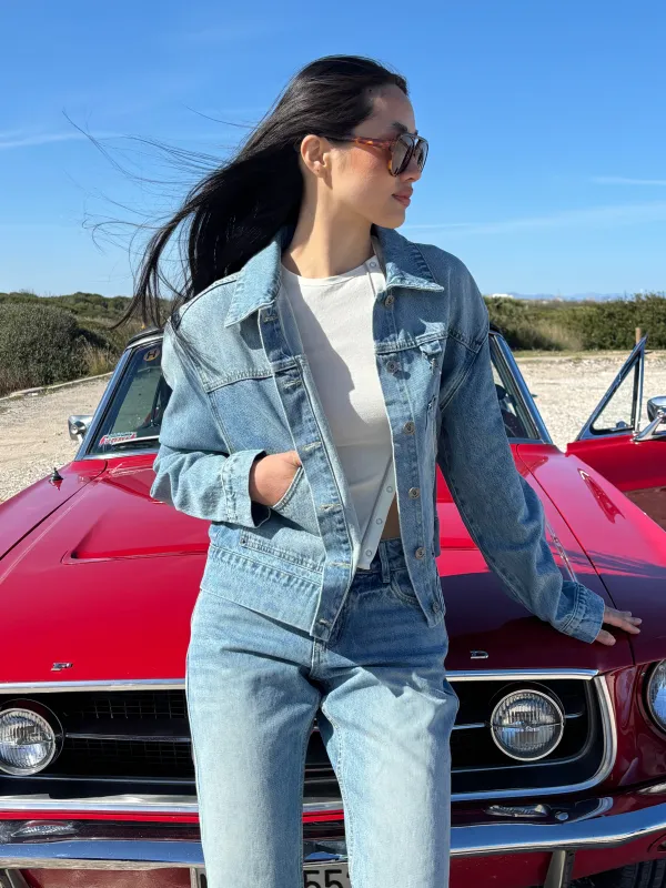 Zuri cropped denim jacket with front pockets made by Ulanka