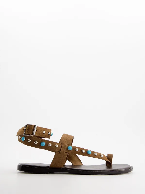 Flat leather sandals with turquoise studs - Poman made by Ulanka