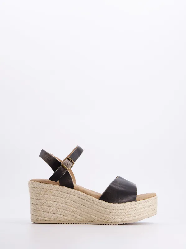 Black Leather Jute Wedge Sandal - Rup made by Ulanka